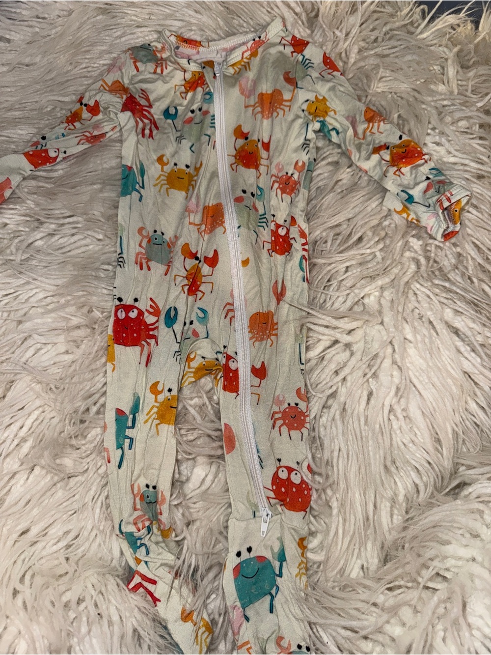 Crab-Print Footed One-Piece Pajamas - Cream with Red, Orange, Teal
